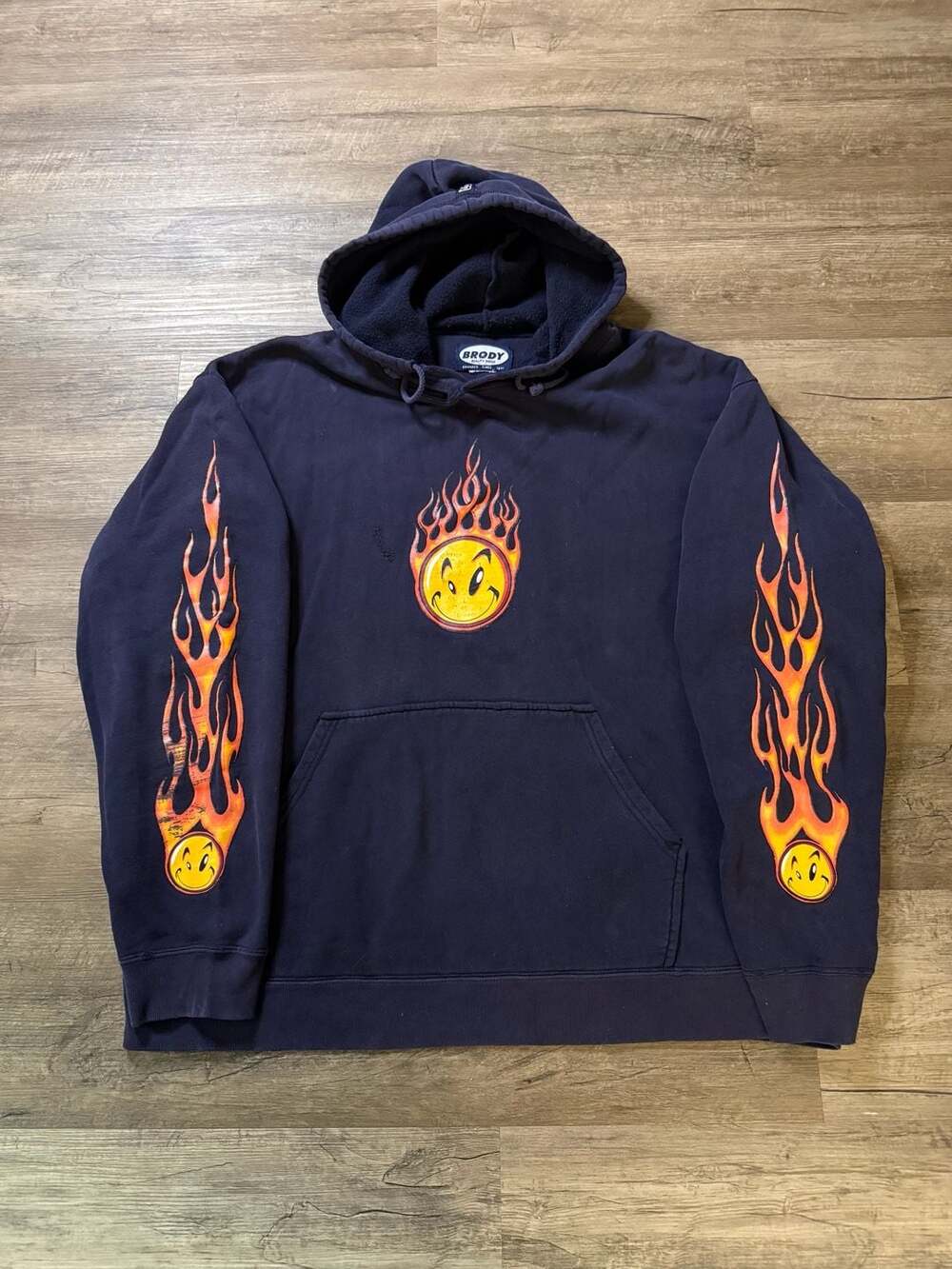 BRODY Flame Smiley Face Hoodie Navy Blue Vintage Heavyweight